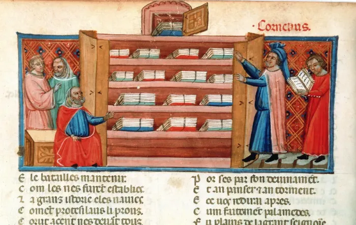 Framed Print : Monks and students in a library, 15th century Framed Print : Monks and students in a library, 15th century