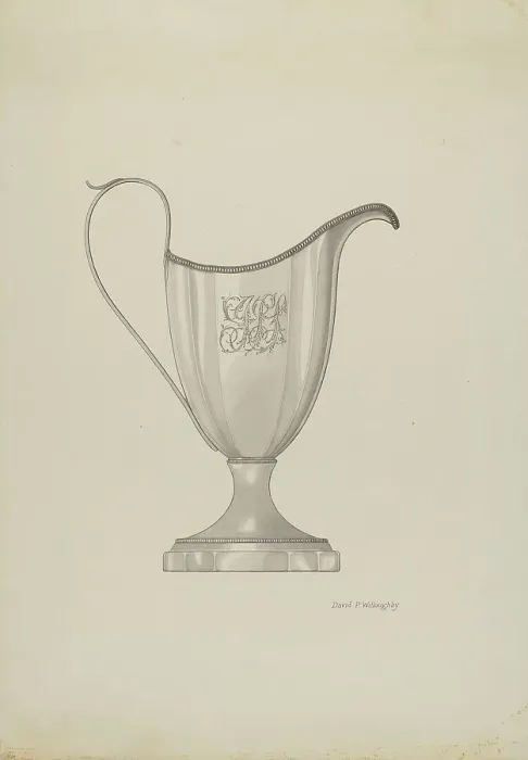 Framed Print : Monogrammed Silver Cream Pitcher, c. 1937. Creator: David P. Willoughby Framed Print : Monogrammed Silver Cream Pitcher, c. 1937. Creator: David P. Willoughby