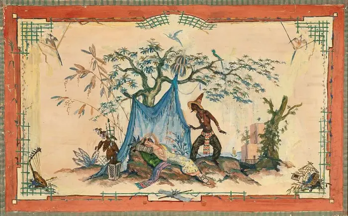 Framed Print : Monostatos and the sleeping Pamina. Stage design for the opera Die Zauberflöte by... Amadeus Mozart Creator: Hagel; Alfred (1898-1945) Framed Print : Monostatos and the sleeping Pamina. Stage design for the opera Die Zauberflöte by... Amadeus Mozart Creator: Hagel; Alfred (1898-1945)