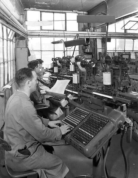 Monotype keyboards in operation at a printing company, Mexborough, South Yorkshire, 1959
