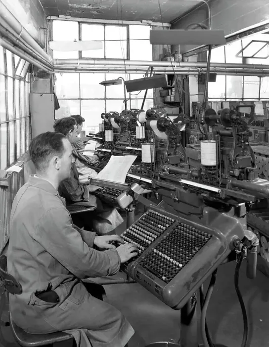 Framed Print : Monotype keyboards in operation at a printing company, Mexborough, South Yorkshire, 1959 Framed Print : Monotype keyboards in operation at a printing company, Mexborough, South Yorkshire, 1959