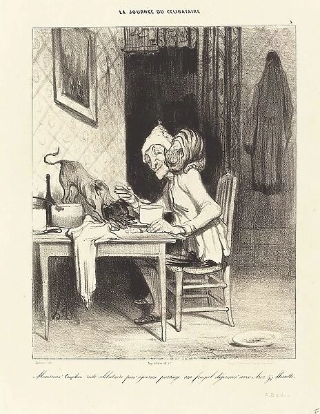 Monsieur Coquelet... partage son... déjeuner, 1839. Creator: Honore Daumier