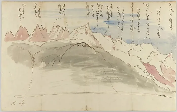 Framed Print : The Mont Blanc range from near Chamonix (recto): Sketches of the Mont Blanc range from the... 1843. Creator: John Ruskin Framed Print : The Mont Blanc range from near Chamonix (recto): Sketches of the Mont Blanc range from the... 1843. Creator: John Ruskin