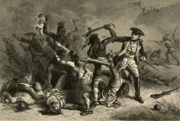 Framed Print : Montcalm Trying To Stop The Massacre, (1877). Creator: Albert Bobbett Framed Print : Montcalm Trying To Stop The Massacre, (1877). Creator: Albert Bobbett