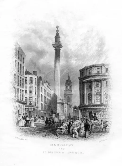 Framed Print : Monument and Church of St Magnus the Martyr, London, 19th century. Artist: J Woods Framed Print : Monument and Church of St Magnus the Martyr, London, 19th century. Artist: J Woods