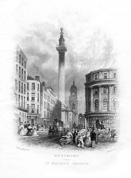 Monument and Church of St Magnus the Martyr, London, 19th century. Artist: J Woods