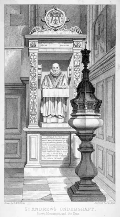 Framed Print : Monument to John Stow and font in St Andrew Undershaft, 1837 Framed Print : Monument to John Stow and font in St Andrew Undershaft, 1837