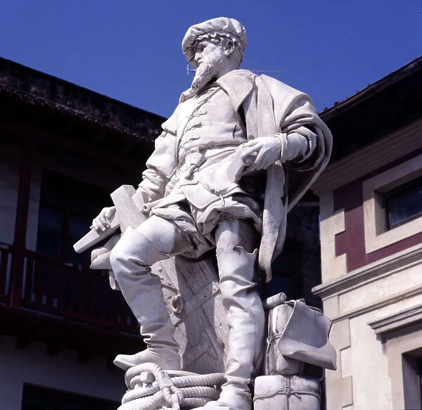 Monument with marble statue dedicated in his hometown of Juan Sebastian Elcano (1486-1526)