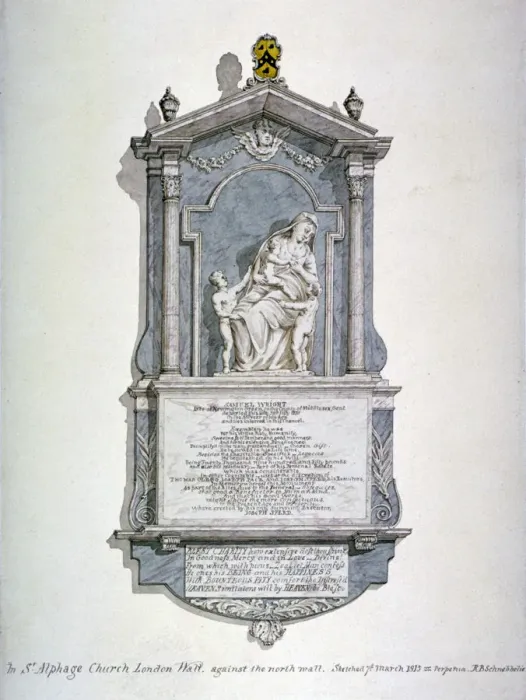 Framed Print : Monument to Samuel Wright, from the north wall of St Alfeges Church, London Wall, London, 1815 Framed Print : Monument to Samuel Wright, from the north wall of St Alfeges Church, London Wall, London, 1815