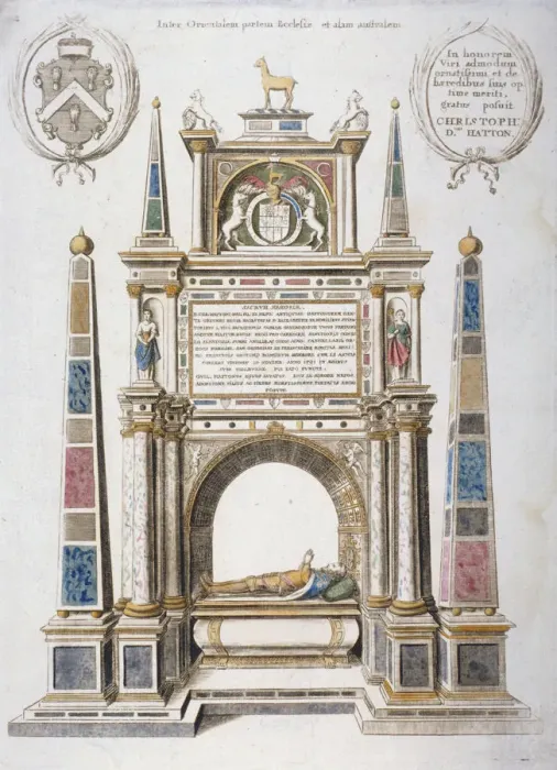 Framed Print : Monument to Sir Christopher Hatton in old St Pauls Cathedral, City of London, 1656 Framed Print : Monument to Sir Christopher Hatton in old St Pauls Cathedral, City of London, 1656