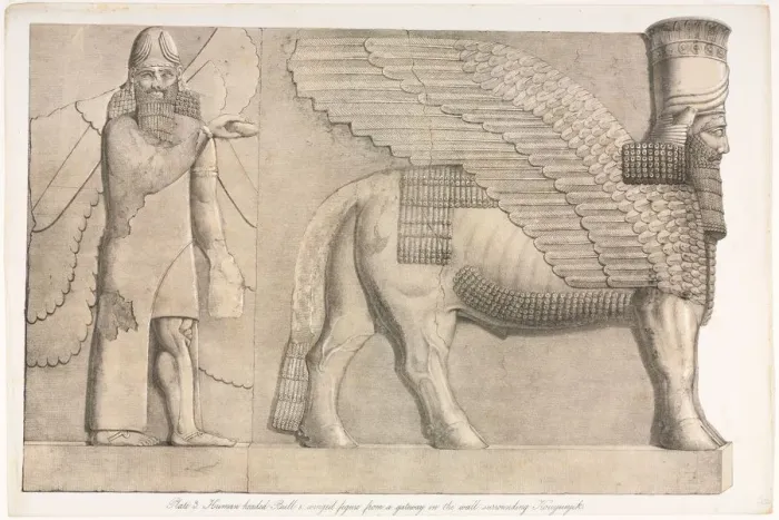 Framed Print : Monuments of Ninevah: Plate 3, Human-headed Bull and Winged Figure... 1853. Creator Framed Print : Monuments of Ninevah: Plate 3, Human-headed Bull and Winged Figure... 1853. Creator