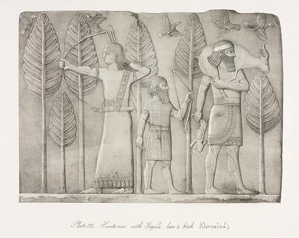 Monuments of Ninevah: Plate 32, Huntsmen with Gazelle, Hare and Birds (Khorsabad), 1853