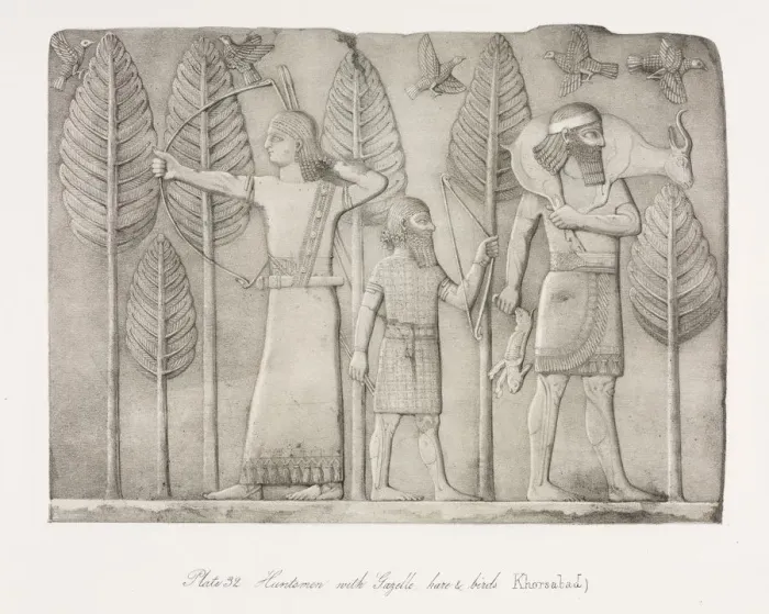 Framed Print : Monuments of Ninevah: Plate 32, Huntsmen with Gazelle, Hare and Birds (Khorsabad), 1853 Framed Print : Monuments of Ninevah: Plate 32, Huntsmen with Gazelle, Hare and Birds (Khorsabad), 1853