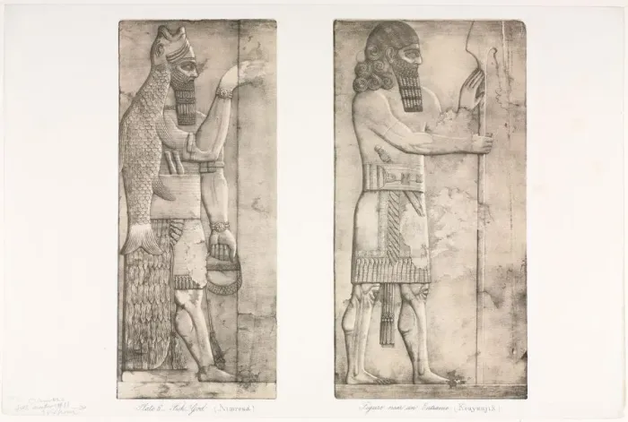 Framed Print : Monuments of Ninevah: Plate 6, Fish-god (Nimroud); Figure near an Entrance (Kouyunjik), 1853 Framed Print : Monuments of Ninevah: Plate 6, Fish-god (Nimroud); Figure near an Entrance (Kouyunjik), 1853
