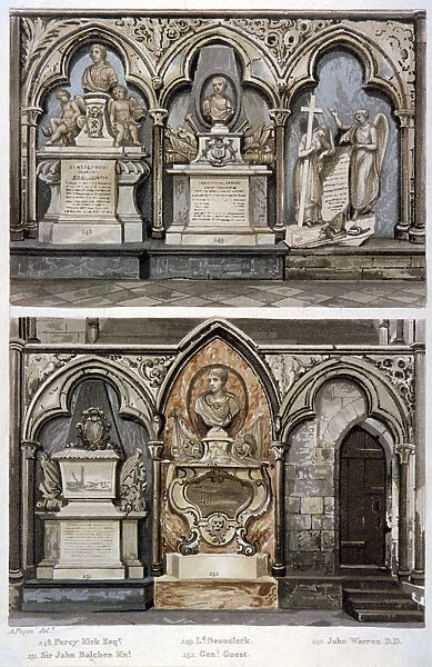 Monuments in the west aisle of Westminster Abbeys north transept, London, 1812
