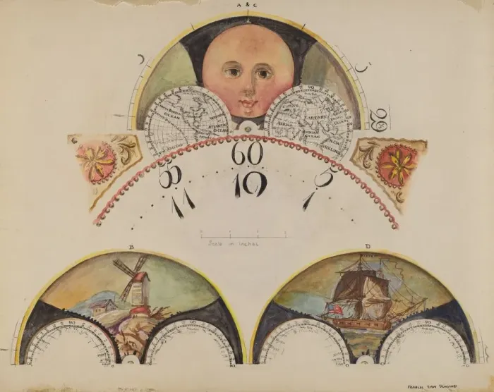 Framed Print : Moon Disc Paintings for Grandfathers Clock, c. 1937. Creator: Francis Law Durand Framed Print : Moon Disc Paintings for Grandfathers Clock, c. 1937. Creator: Francis Law Durand