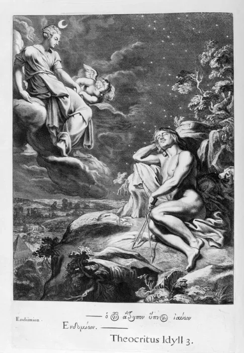 Framed Print : The Moon and Endymion, 1655. Artist: Michel de Marolles Framed Print : The Moon and Endymion, 1655. Artist: Michel de Marolles