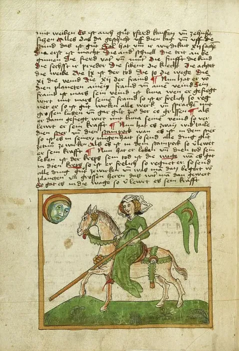 Framed Print : The Moon Represented as a Woman on Horseback, shortly after 1464. Creator: Unknown Framed Print : The Moon Represented as a Woman on Horseback, shortly after 1464. Creator: Unknown