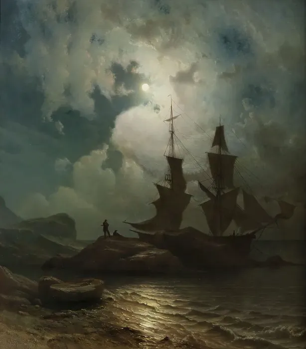Framed Print : Moonlight on the Coast of Norway, 1857. Creator: Knud Baade Framed Print : Moonlight on the Coast of Norway, 1857. Creator: Knud Baade