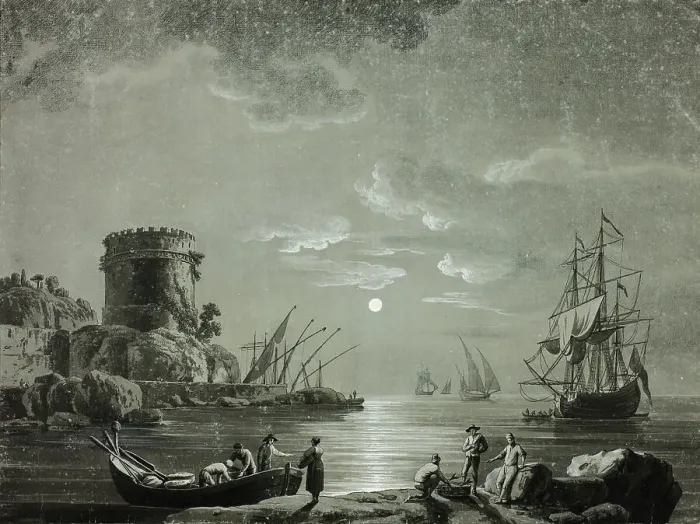 Framed Print : Moonlight Scene in Fishing Port, 1800-1899. Creator: Unknown Framed Print : Moonlight Scene in Fishing Port, 1800-1899. Creator: Unknown