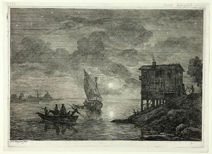 Framed Print : Moonlit Harbor Scene with Ferry, 1753 / 54. Creator: Adriaen Manglard Framed Print : Moonlit Harbor Scene with Ferry, 1753 / 54. Creator: Adriaen Manglard