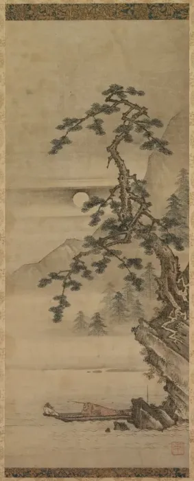 Framed Print : Moonlit Landscape of Pine Tree with Old Man in Boat, Muromachi period, 1392-1573. Creator Framed Print : Moonlit Landscape of Pine Tree with Old Man in Boat, Muromachi period, 1392-1573. Creator