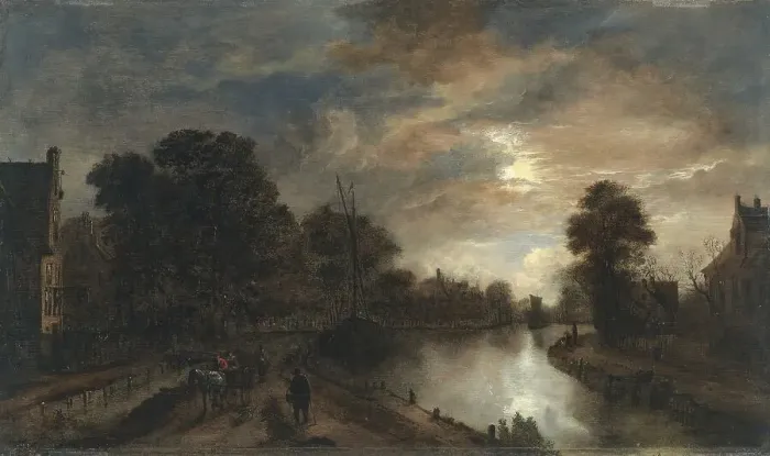 Framed Print : Moonlit Landscape with a Road beside a canal, 1645. Creator: Aert van der Neer Framed Print : Moonlit Landscape with a Road beside a canal, 1645. Creator: Aert van der Neer