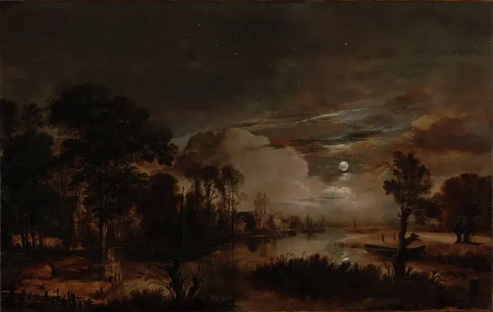 Framed Print : Moonlit Landscape with a View of the New Amstel River and Castle Kostverloren, 1647. Creator: Aert van der Neer Framed Print : Moonlit Landscape with a View of the New Amstel River and Castle Kostverloren, 1647. Creator: Aert van der Neer