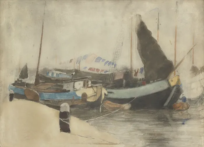 Framed Print : Moored barges, 1870-1923. Creator: Willem Witsen Framed Print : Moored barges, 1870-1923. Creator: Willem Witsen