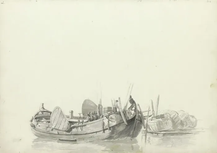 Framed Print : Moored boat at a jetty, 1797-1838. Creator: Johannes Christiaan Schotel Framed Print : Moored boat at a jetty, 1797-1838. Creator: Johannes Christiaan Schotel