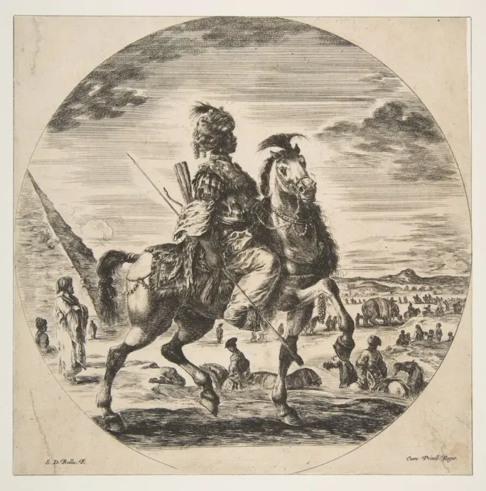 Framed Print : Moorish horseman in profile facing right, in the background a pyramid at left, many fi Framed Print : Moorish horseman in profile facing right, in the background a pyramid at left, many fi