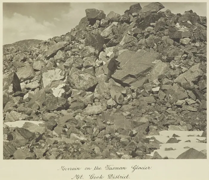 Framed Print : Moraine on the Tasman Glacier, Mt Cook district, 1920s. Creator: Harry Moult