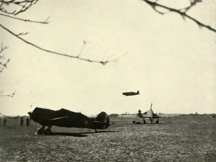 Framed Print : Morane 406 at Vassincourt Aerodrome with French Curtiss Hawk and Hurricane, 1939-1940, (1941) Framed Print : Morane 406 at Vassincourt Aerodrome with French Curtiss Hawk and Hurricane, 1939-1940, (1941)