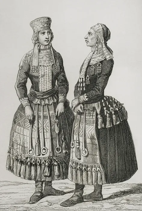 Framed Print : Mordvin women wearing traditional costumes, 1839. Creator: Augustin Francois Lemaitre Framed Print : Mordvin women wearing traditional costumes, 1839. Creator: Augustin Francois Lemaitre