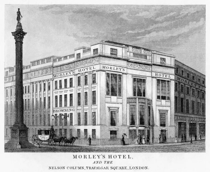 Framed Print : Morleys Hotel and Nelsons Column, Trafalgar Square, Westminster, London, 19th century Framed Print : Morleys Hotel and Nelsons Column, Trafalgar Square, Westminster, London, 19th century