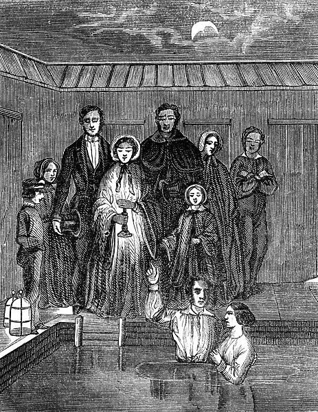 Mormon baptism by total immersion, Salt Lake City, Utah, 1853