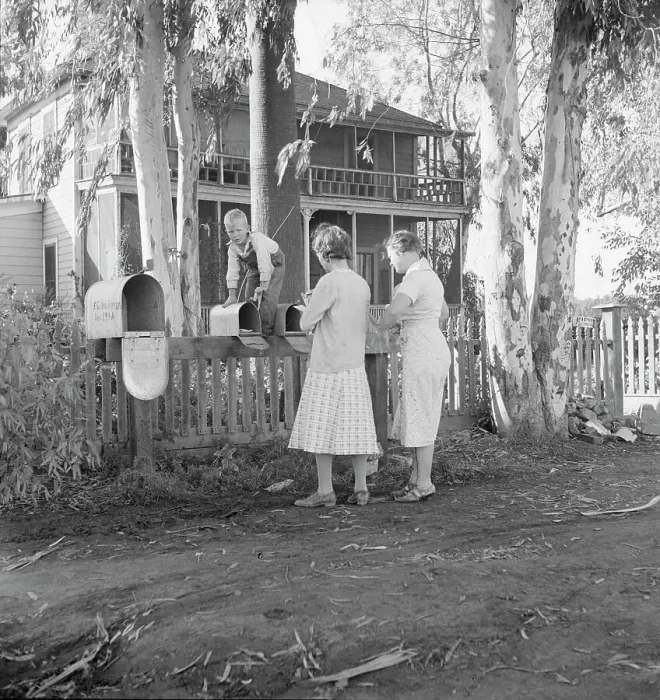 Framed Print : Morning mail at the Mineral King cooperative farm, FSA, Tulare County, California, 1938. Creator: Dorothea Lange Framed Print : Morning mail at the Mineral King cooperative farm, FSA, Tulare County, California, 1938. Creator: Dorothea Lange