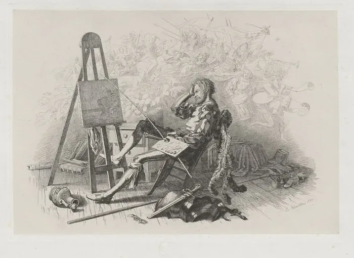 Framed Print : Morning after the Masked Ball: Emil Theodor Richter at His Easel, 1840. Creator: Eugen Napoleon Neureuther