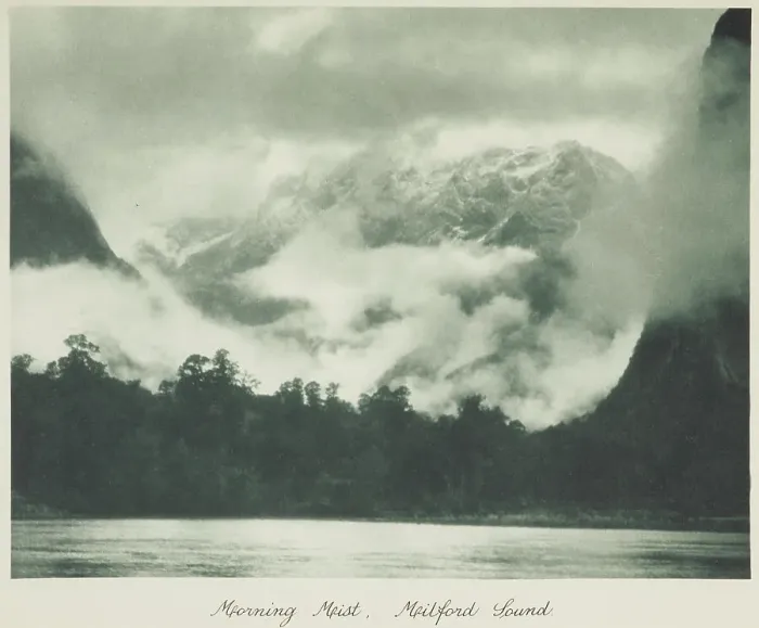 Framed Print : Morning mist, Milford Sound. From the album: Camera Pictures of New Zealand, 1920s. Creator: Harry Moult Framed Print : Morning mist, Milford Sound. From the album: Camera Pictures of New Zealand, 1920s. Creator: Harry Moult