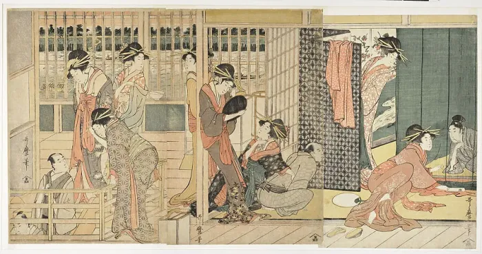 Framed Print : Morning Parting at the Temporary Lodgings of the Pleasure Quarter, 1801. Artist: Utamaro, Kitagawa (1753-1806) Framed Print : Morning Parting at the Temporary Lodgings of the Pleasure Quarter, 1801. Artist: Utamaro, Kitagawa (1753-1806)