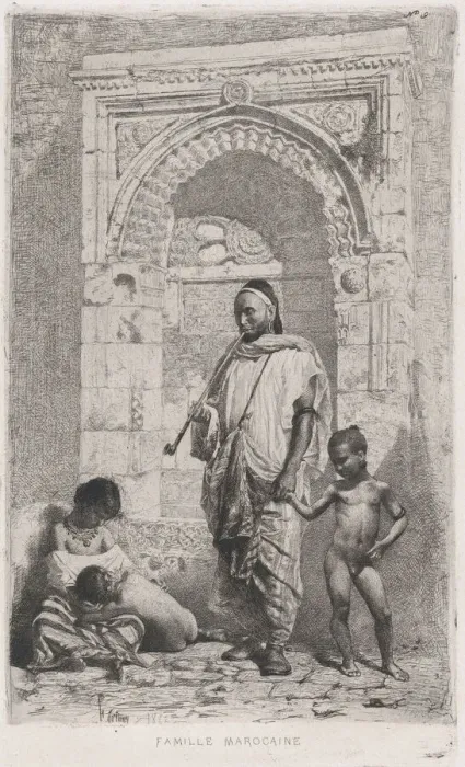 Framed Print : A Moroccan family in front of an arch, father standing, mother lower left on the ground ho... 1862. Creator: Mariano Jose Maria Bernardo Fortuny y Carbo Framed Print : A Moroccan family in front of an arch, father standing, mother lower left on the ground ho... 1862. Creator: Mariano Jose Maria Bernardo Fortuny y Carbo