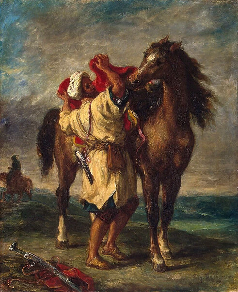 A Moroccan Saddling his Horse, 1855. Artist: Eugene Delacroix