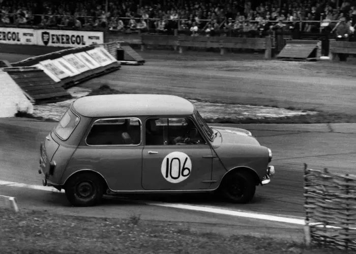Framed Print : Morris Mini skidding at chicane, Goodwood 1961. Creator: Unknown Framed Print : Morris Mini skidding at chicane, Goodwood 1961. Creator: Unknown