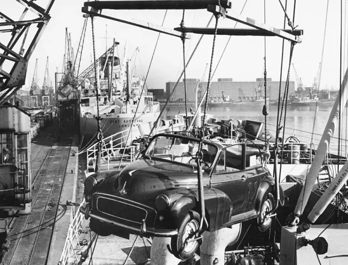 Framed Print : Morris Minor convertible craned onto ship for export at Cardiff docks. Creator: Unknown Framed Print : Morris Minor convertible craned onto ship for export at Cardiff docks. Creator: Unknown