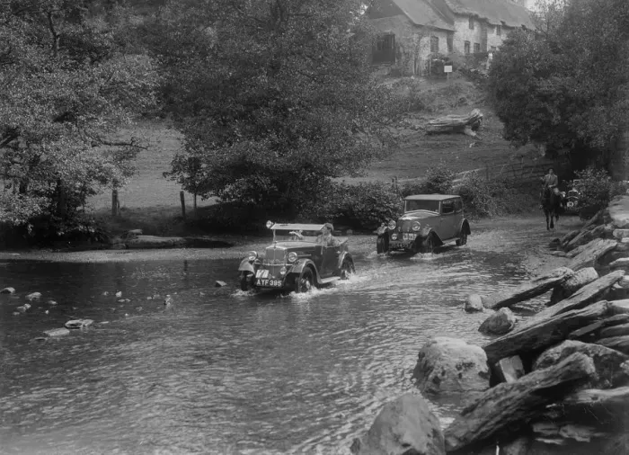 Framed Print : Morris Minor and officials Riley Monaco, Mid Surrey AC Trial, Tarr Steps, Exmoor, Somerset, 1934 Framed Print : Morris Minor and officials Riley Monaco, Mid Surrey AC Trial, Tarr Steps, Exmoor, Somerset, 1934