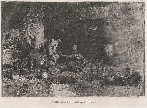 A Morrocan farrier at left accompanied by another figure attending to the hoof of a... ca. 1860-70. Creator: Mariano Jose Maria Bernardo Fortuny y Carbo