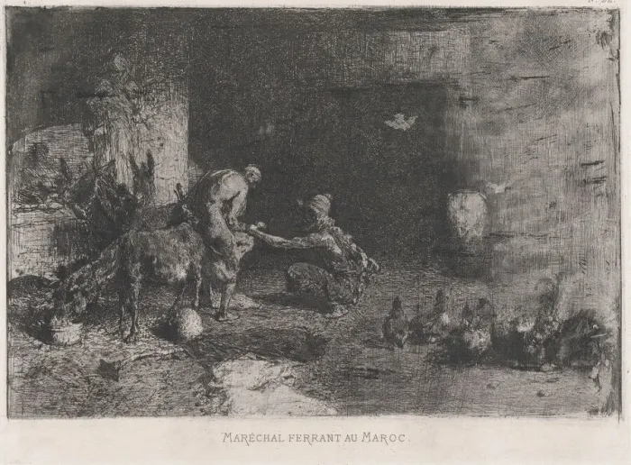 Framed Print : A Morrocan farrier at left accompanied by another figure attending to the hoof of a... ca. 1860-70. Creator: Mariano Jose Maria Bernardo Fortuny y Carbo Framed Print : A Morrocan farrier at left accompanied by another figure attending to the hoof of a... ca. 1860-70. Creator: Mariano Jose Maria Bernardo Fortuny y Carbo