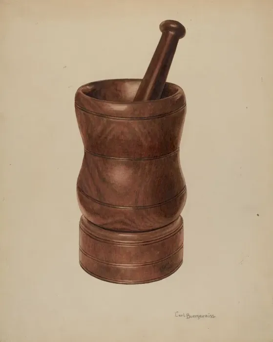 Framed Print : Mortar and Pestle, 1938. Creator: Carl Buergerniss Framed Print : Mortar and Pestle, 1938. Creator: Carl Buergerniss