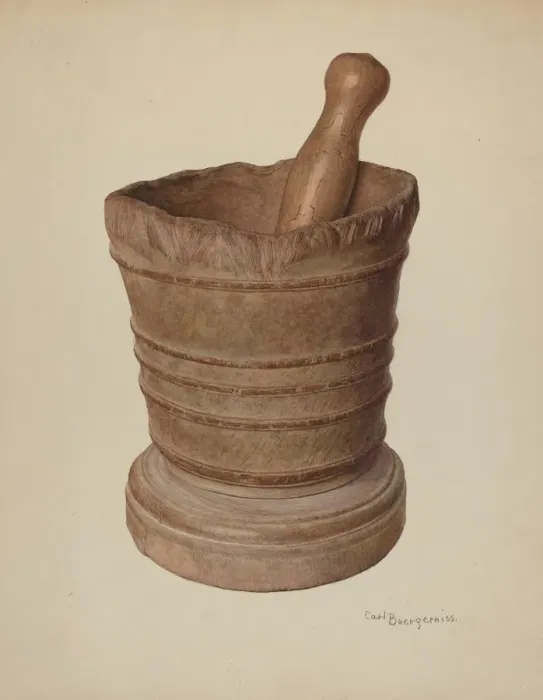 Framed Print : Mortar and Pestle, 1939. Creator: Carl Buergerniss Framed Print : Mortar and Pestle, 1939. Creator: Carl Buergerniss