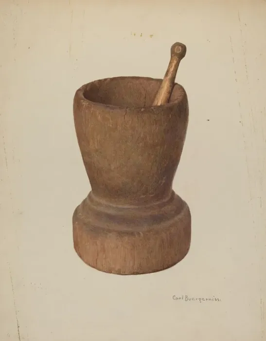 Framed Print : Mortar and Pestle, 1939. Creator: Carl Buergerniss Framed Print : Mortar and Pestle, 1939. Creator: Carl Buergerniss